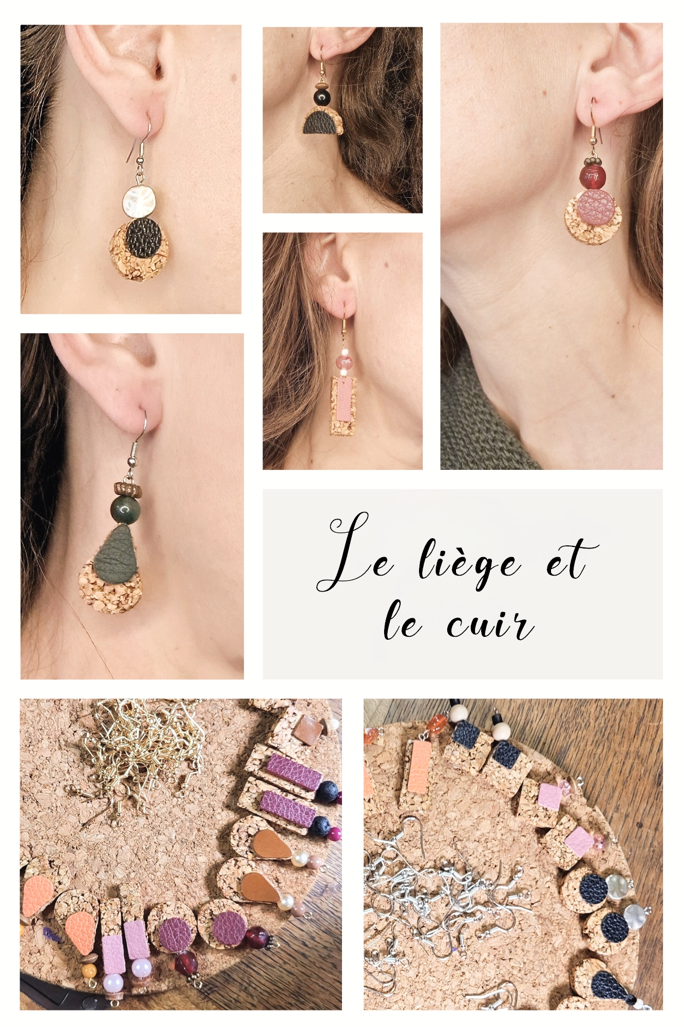 Boucles d’oreilles et colliers Cé’rénité, gamme Le liège et le cuir – créations artisanales faites main à partir de liège et de cuir récupérés.