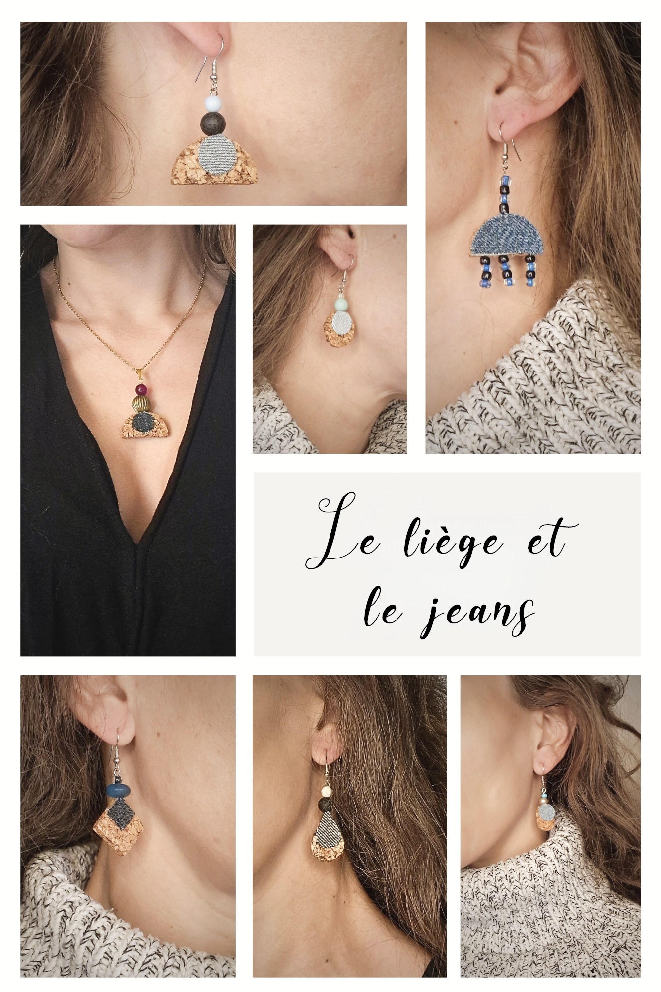 Boucles d’oreilles et colliers Cé’rénité, gamme Le liège et le jeans – créations artisanales faites main en liège recyclé et tissu denim récupéré.