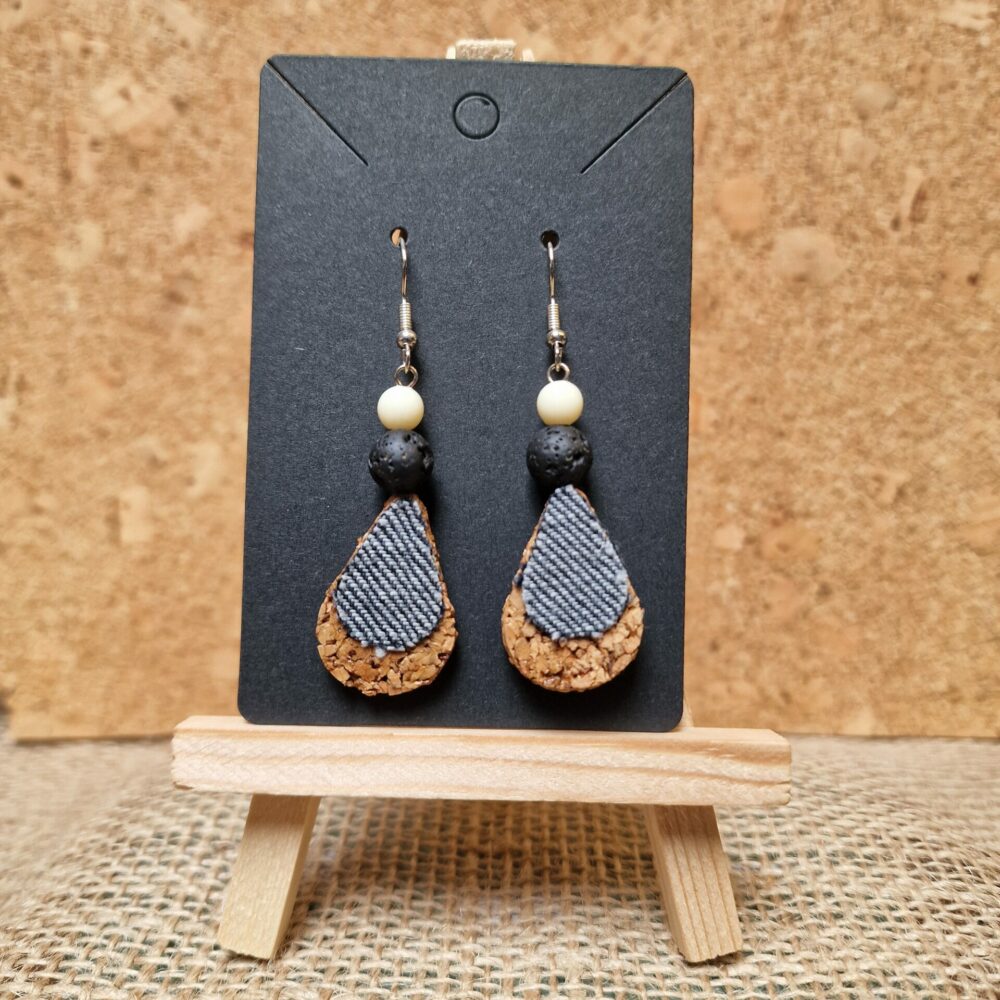 Boucles d’oreilles liège et jean – 5 cm – acier inoxydable argenté