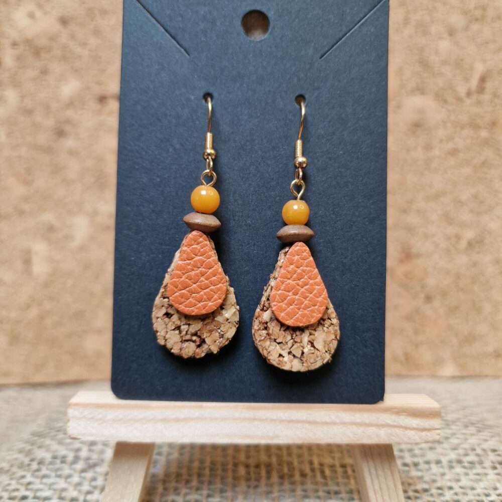 Boucles d’oreilles liège & cuir orange – 5 cm – pièce unique – acier inoxydable argenté
