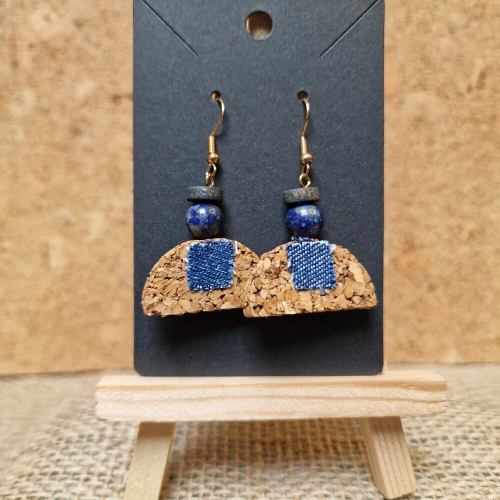 Boucles d’oreilles liège et jean – 5 cm – acier inoxydable argenté