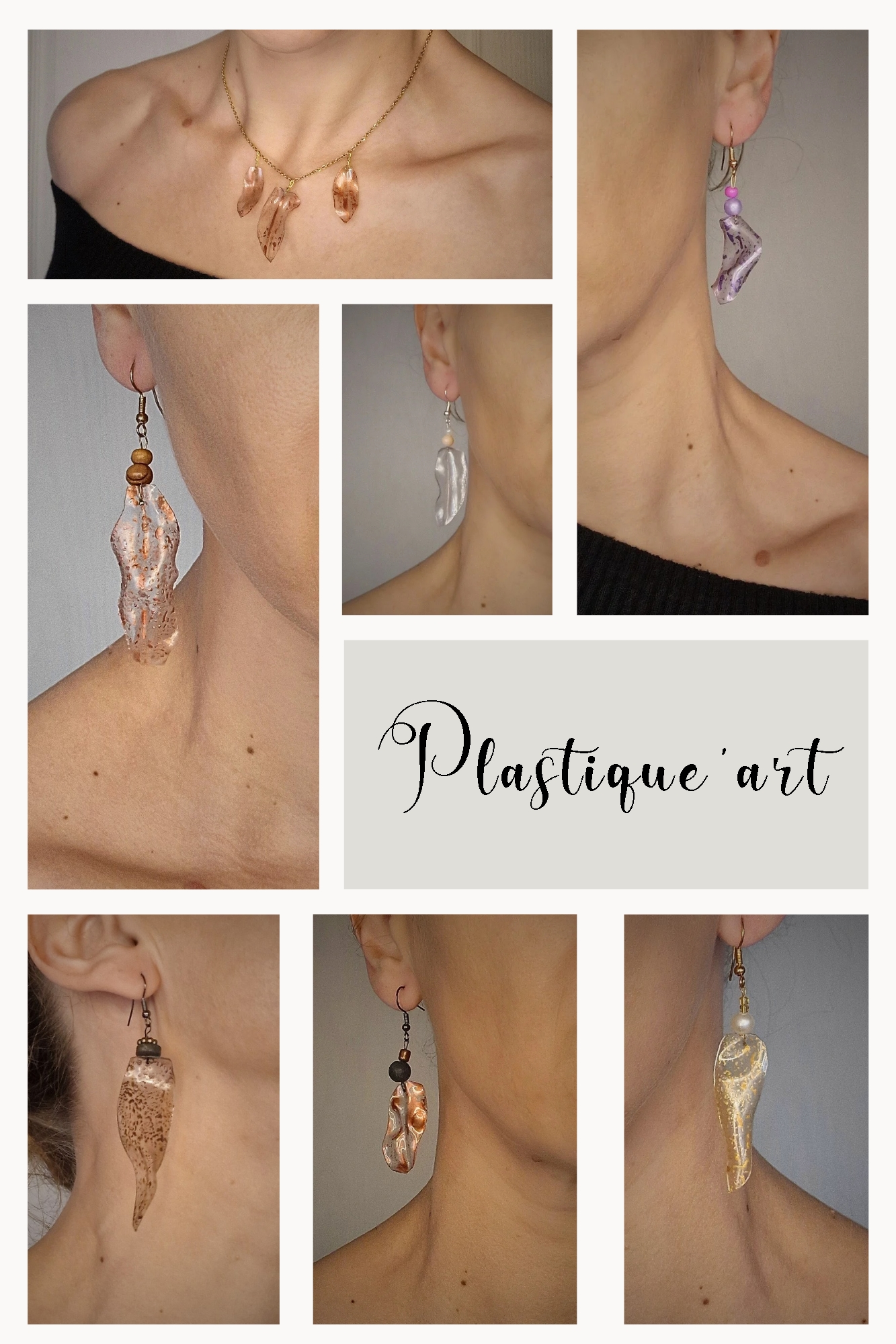 Boucles d’oreilles Cé’rénité, gamme Plastique’Art – créations artisanales en plastique recyclé et perles de récupération, faites main à partir de bouteilles colorées.