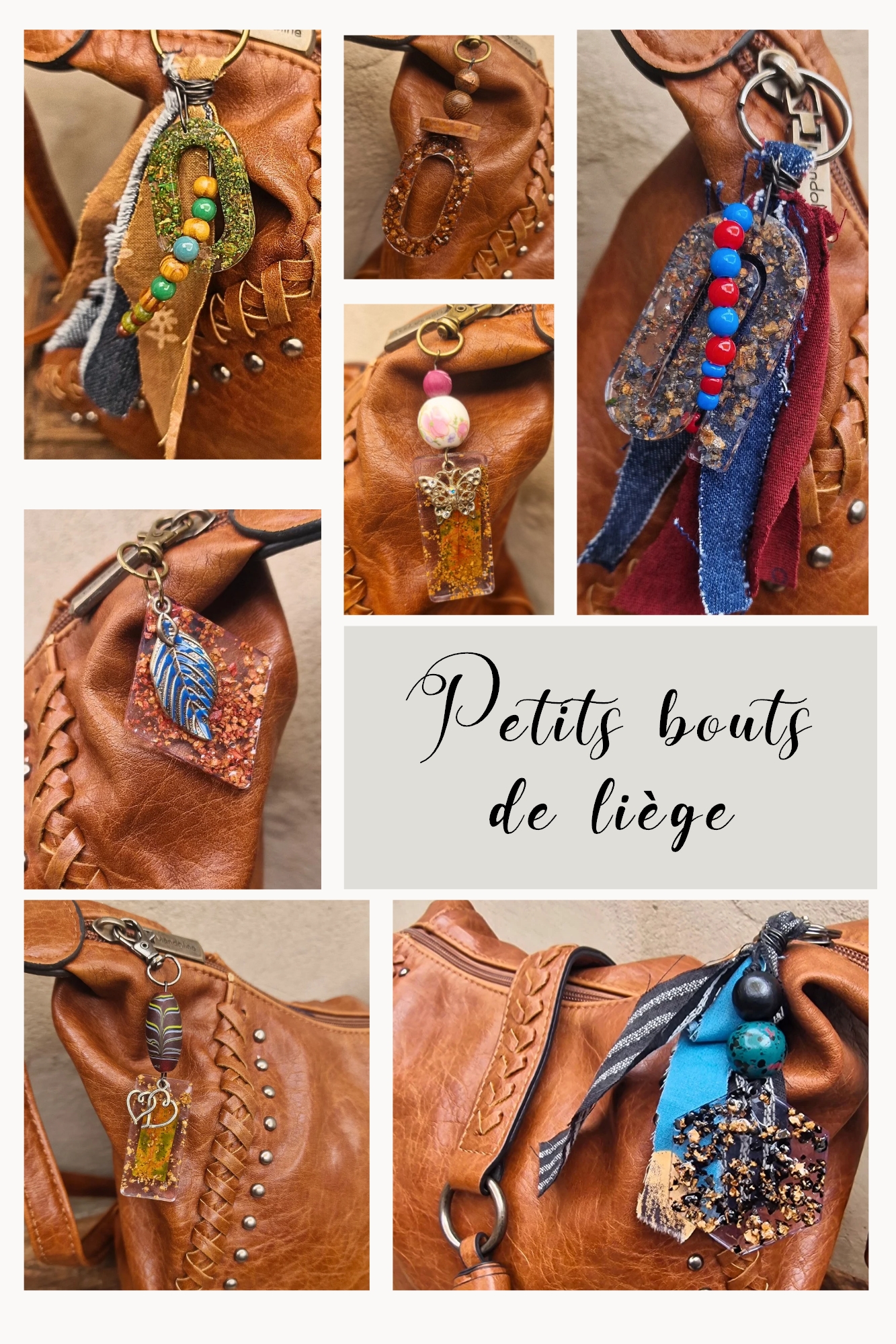 Porte-clés et attaches de sac Cé’rénité, créations artisanales en résine, tissu et matériaux récupérés.