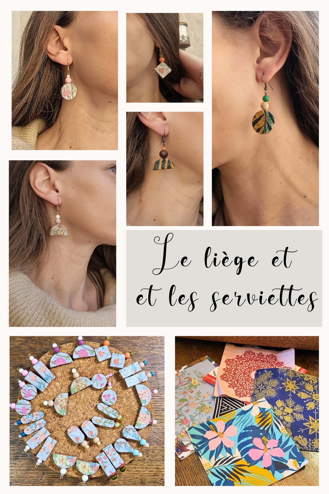 Boucles d’oreilles en liège et serviettes – gamme Cé’rénité