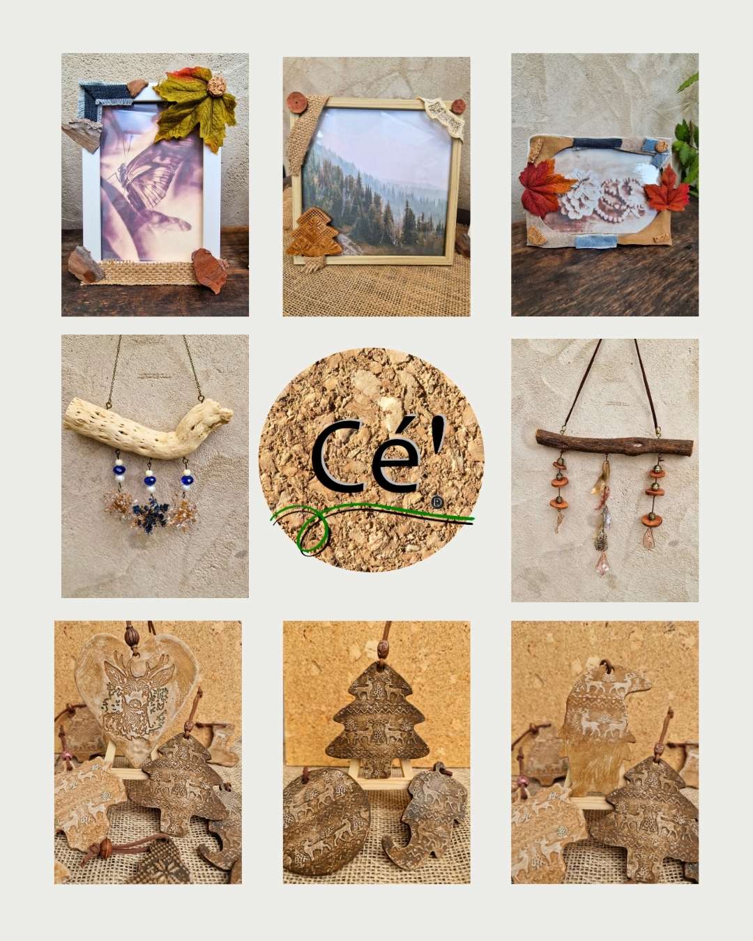 Créations automnales Cé’rénité – décorations artisanales en argile, bois flotté, liège et matériaux naturels, inspirées de la forêt et des fêtes de fin d’année.