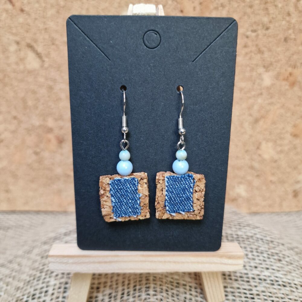 Boucles d’oreilles liège et jean – 5 cm – acier inoxydable argenté