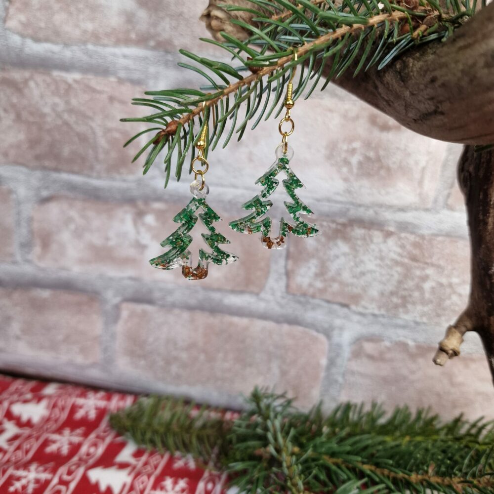 Boucles d’oreilles sapins liège & résine verte/brun (doré – 6 cm)