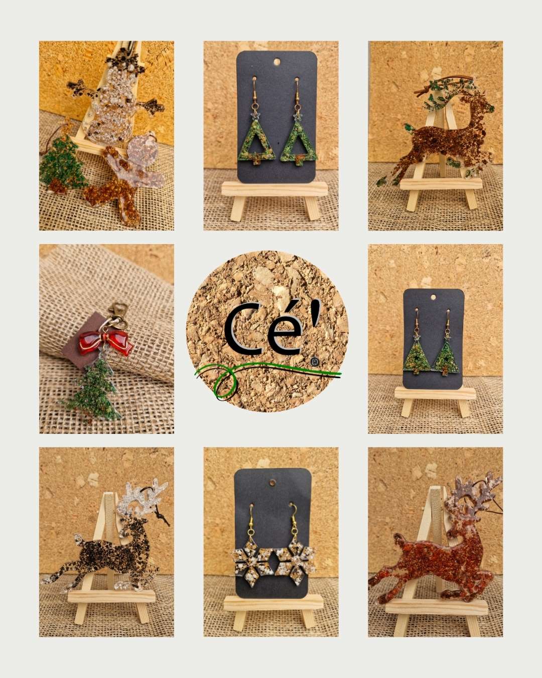 Collection de Noël Cé’rénité – boucles d’oreilles artisanales et décorations en liège, résine et éléments naturels. Créations uniques faites main à partir de matériaux recyclés.