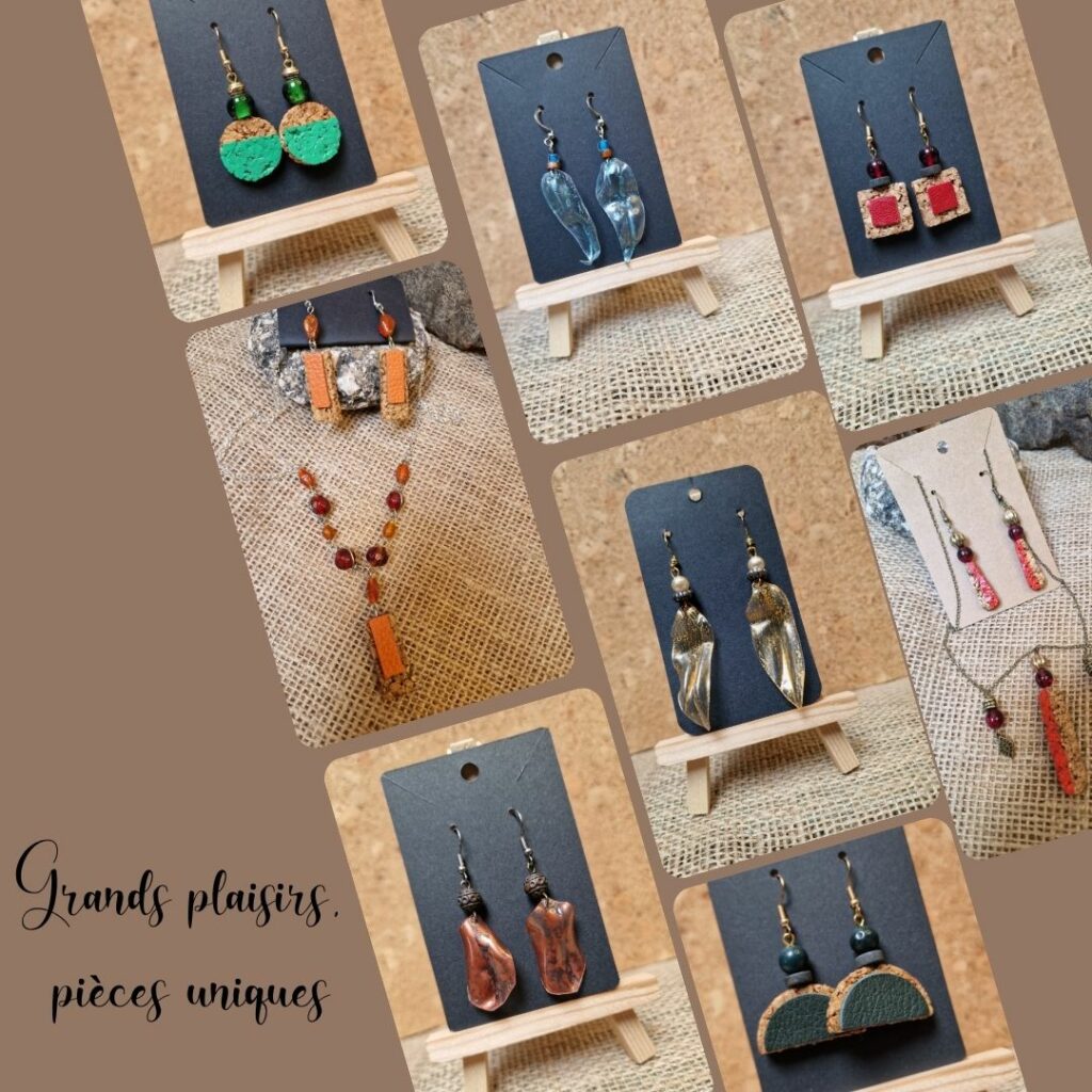 Bijoux Cé’rénité – pièces uniques façonnées à la main à partir de matériaux récupérés : liège, cuir, plastique recyclé et perles naturelles.