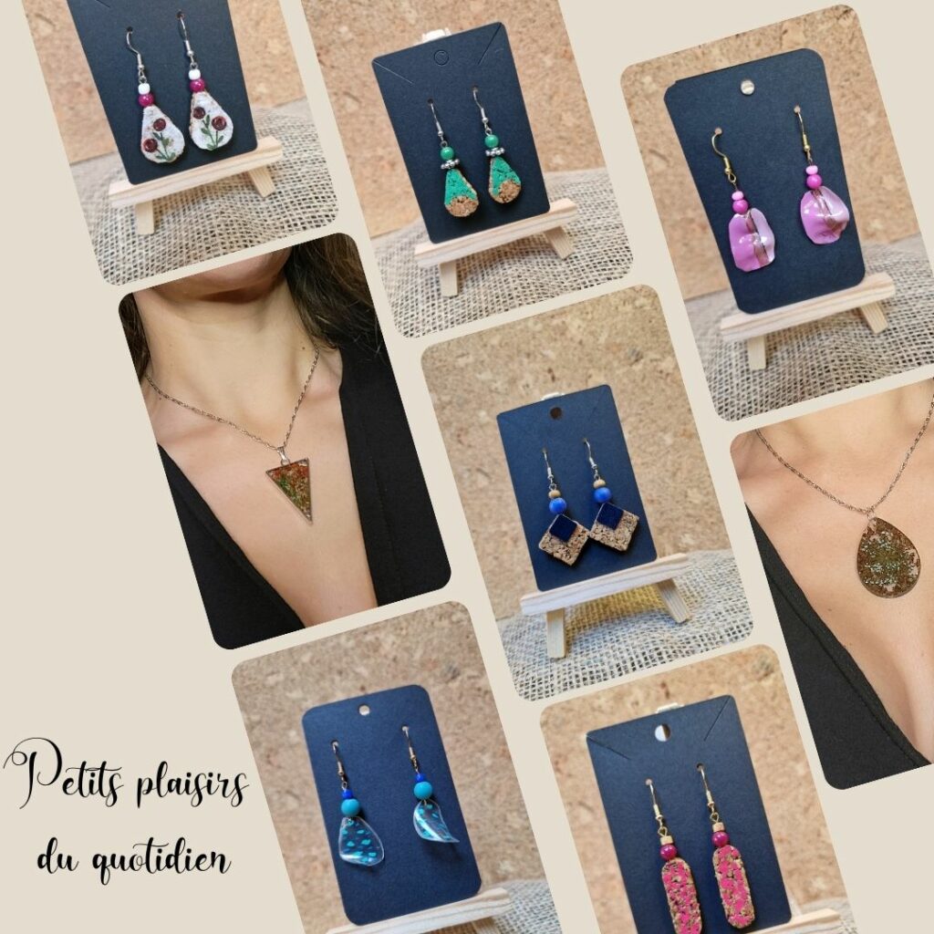 Bijoux artisanaux Cé’rénité – boucles d’oreilles et colliers faits main à partir de matériaux recyclés, collection Petits plaisirs du quotidien.