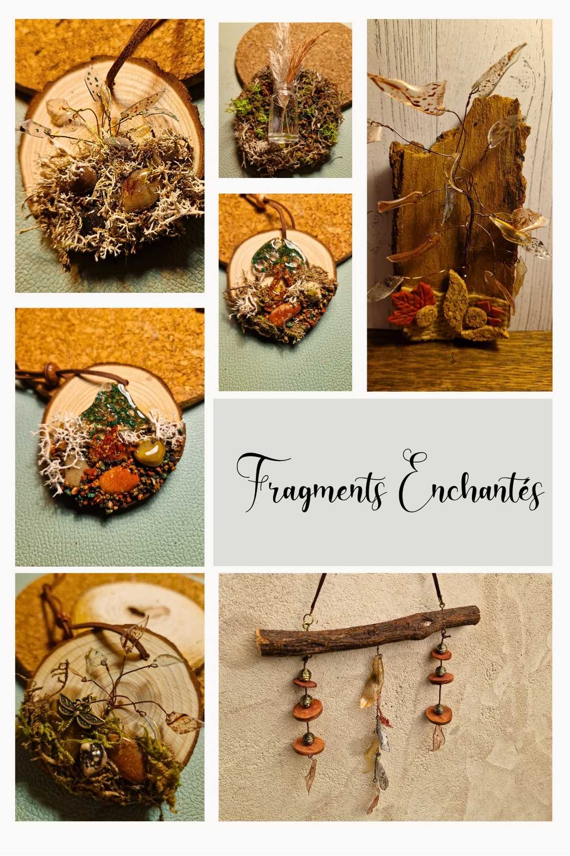 Décorations et bijoux artisanaux faits main – collection Fragments Enchantés Cé’rénité, créations naturelles en bois, mousse et liège recyclé.