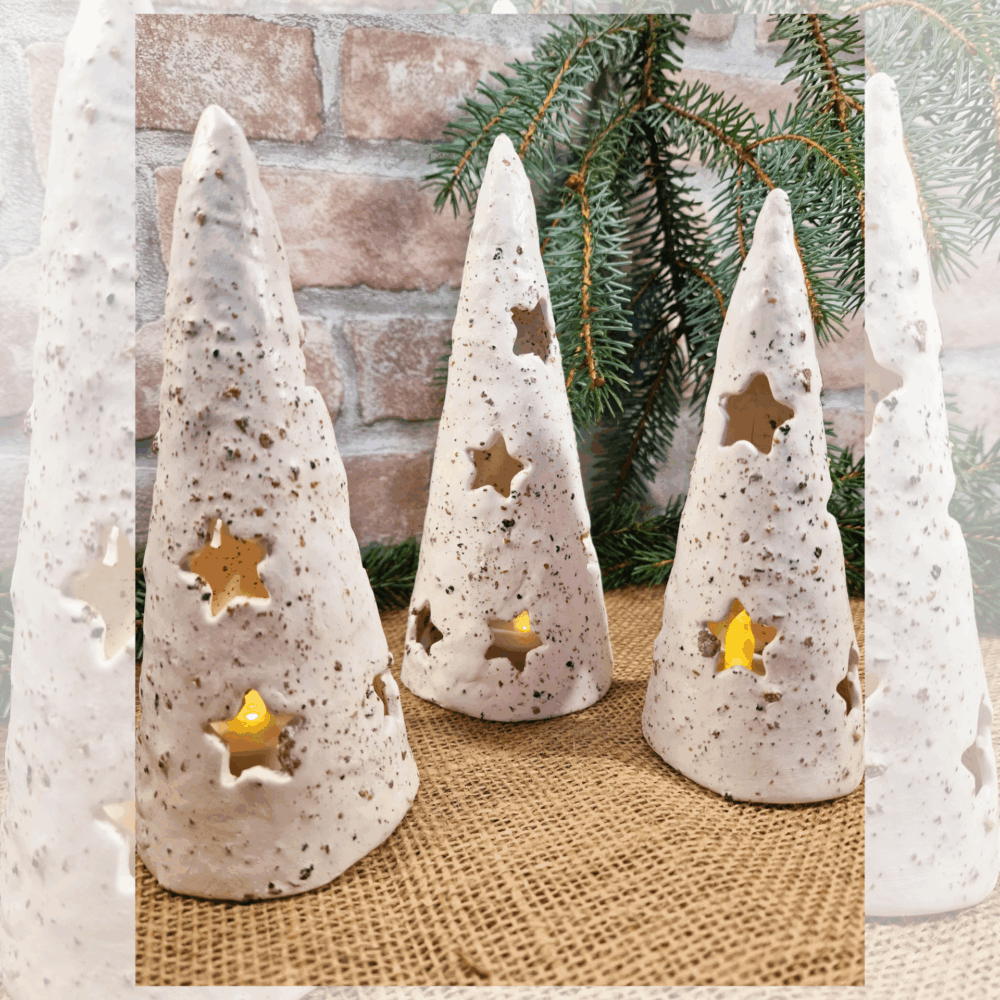 Photophores sapins en argile blanche & liège (15 à 20 cm) – bougie  LED  incluse