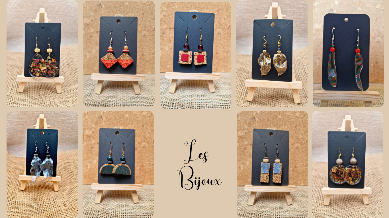 Boucles d’oreilles et bijoux artisanaux créés à partir de matériaux récupérés.